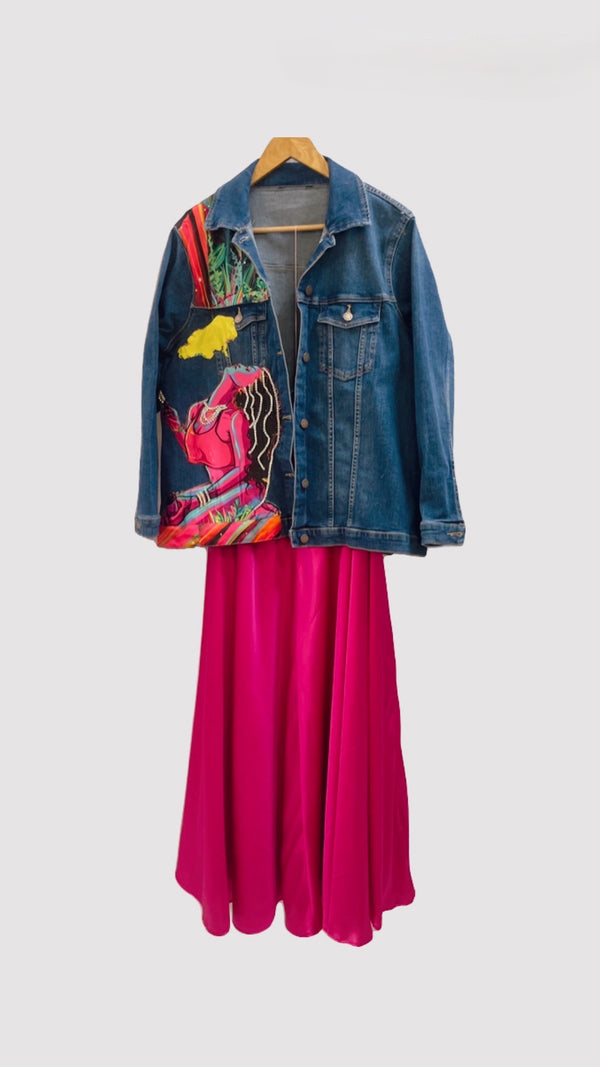 Denim embellished jacket & skirt set