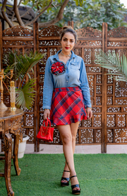 DENIM SHIRT & SKIRT SET WITH FLOWER BROOCH