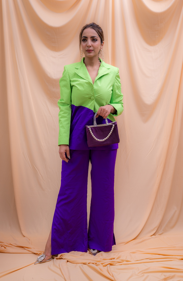 NEON PURPLE PANT SUIT WITH BAG