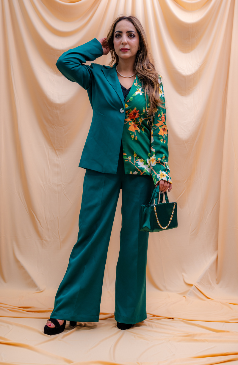FLORAL GREEN PANT SUIT WITH BAG