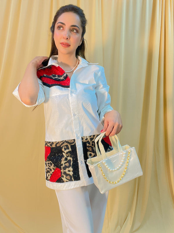 White patchwork pant &shirt set with bag