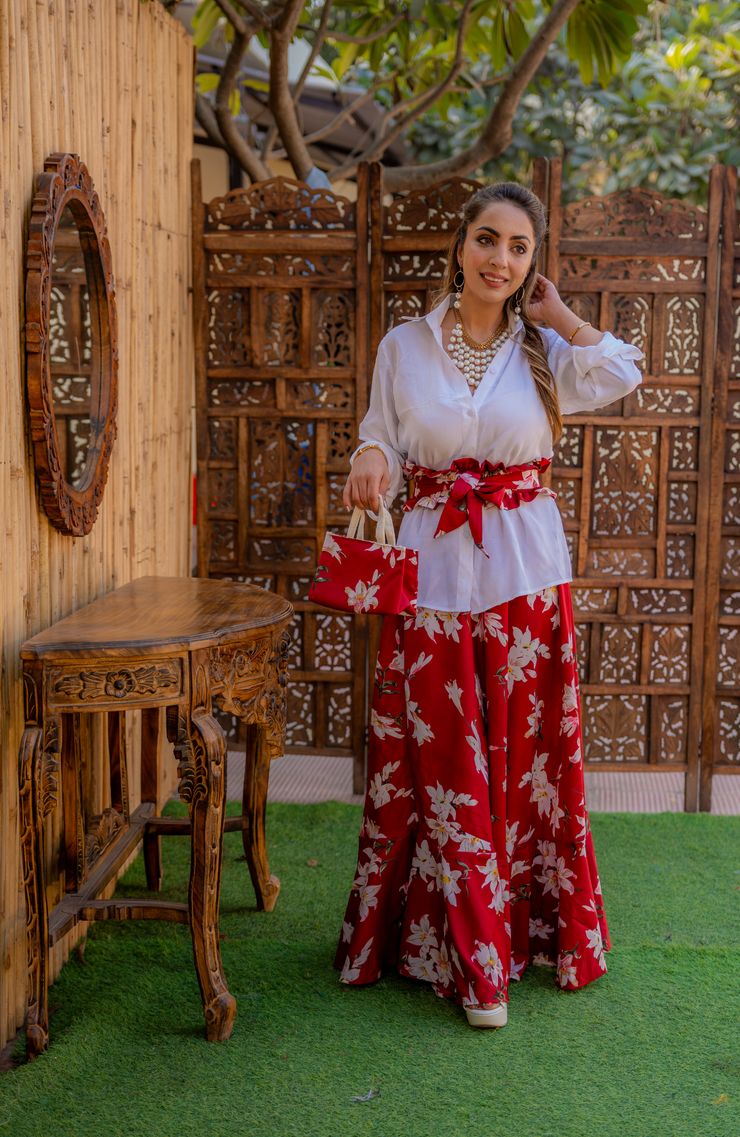 FLORAL SKIRT WITH WHITE SHIRT - BELT