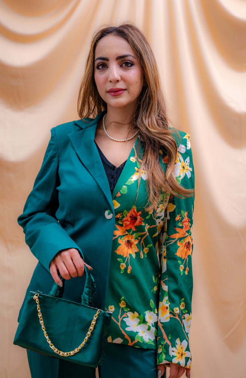 FLORAL GREEN PANT SUIT WITH BAG