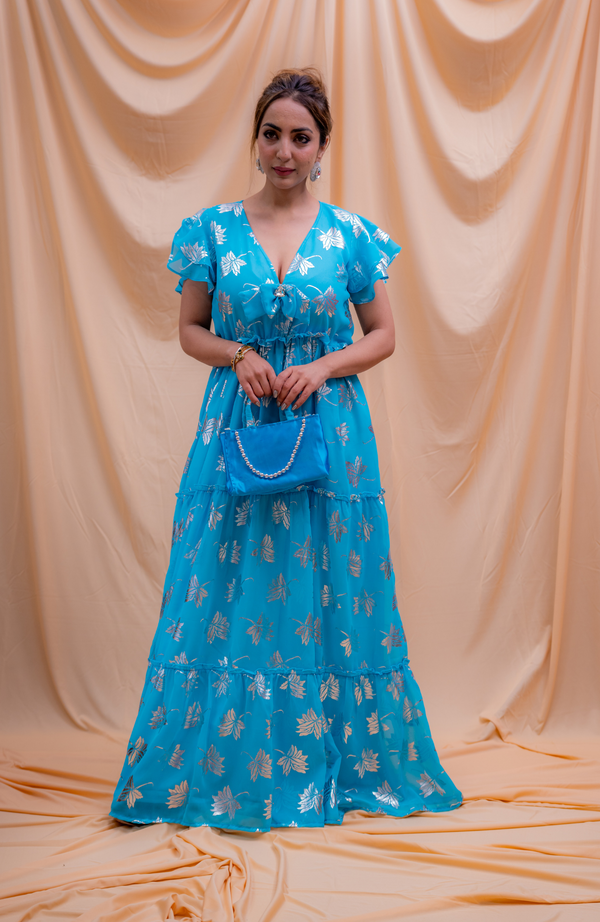 BLUE FOIL PRINTED DREAMY DRESS WITH BAG
