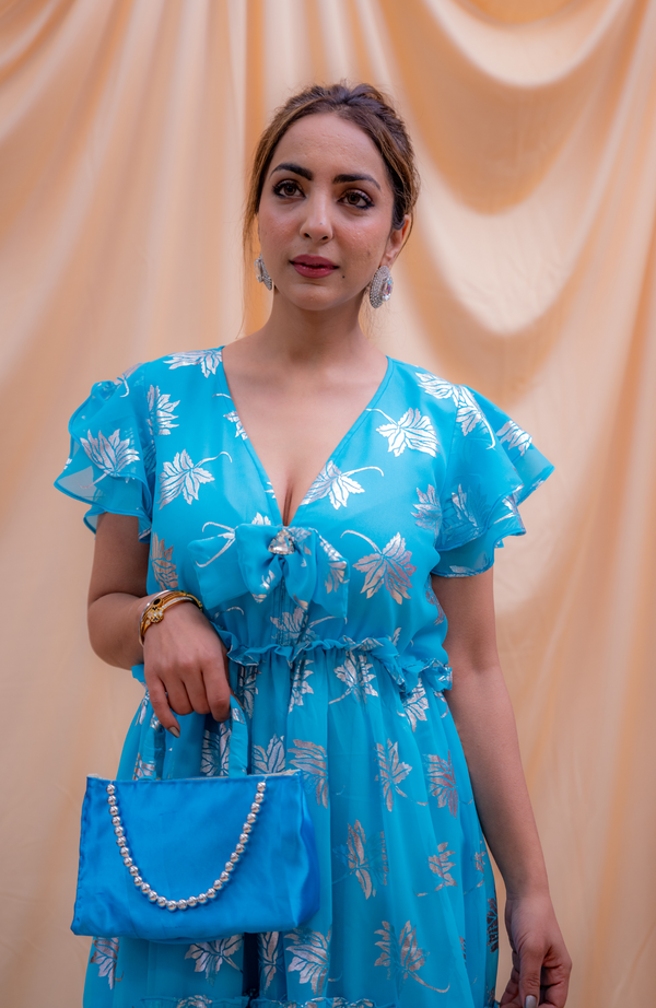 BLUE FOIL PRINTED DREAMY DRESS WITH BAG