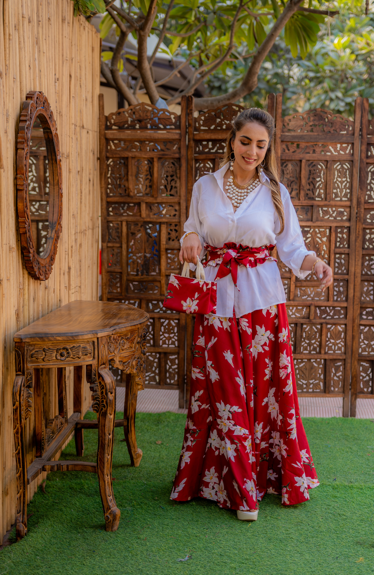 FLORAL SKIRT WITH WHITE SHIRT - BELT