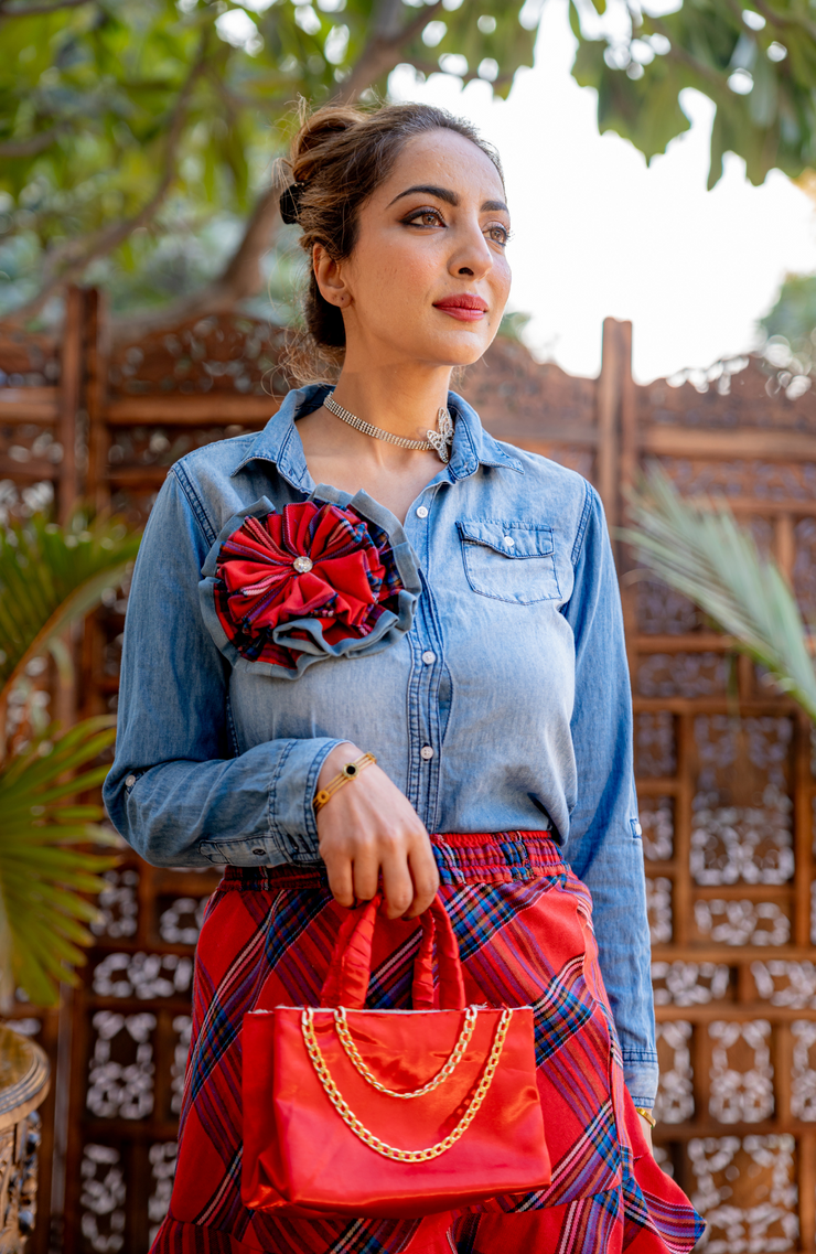 DENIM SHIRT & SKIRT SET WITH FLOWER BROOCH