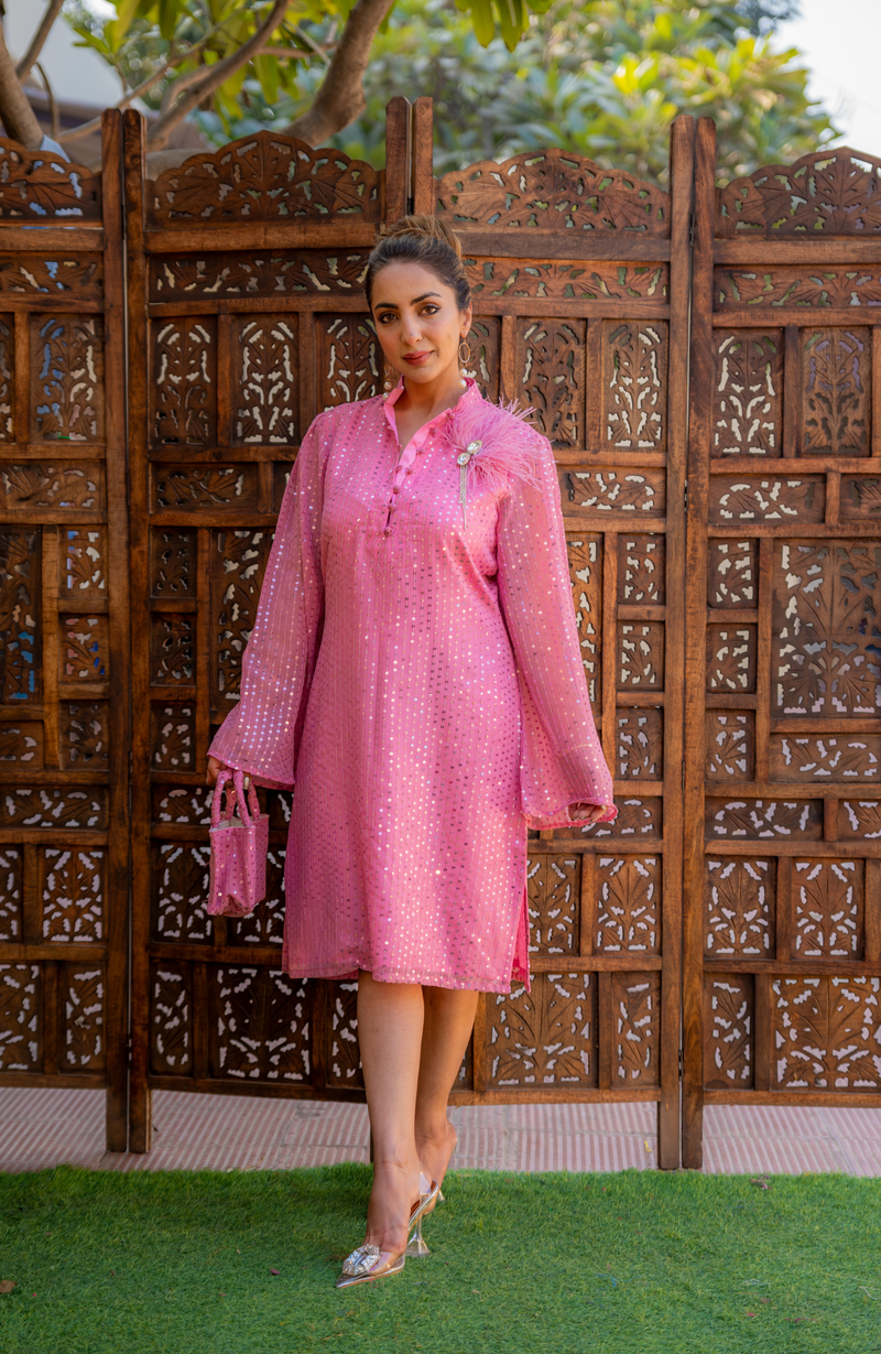 PINK SEQUIN DRESS - WITH FEATHER BROOCH & BAG