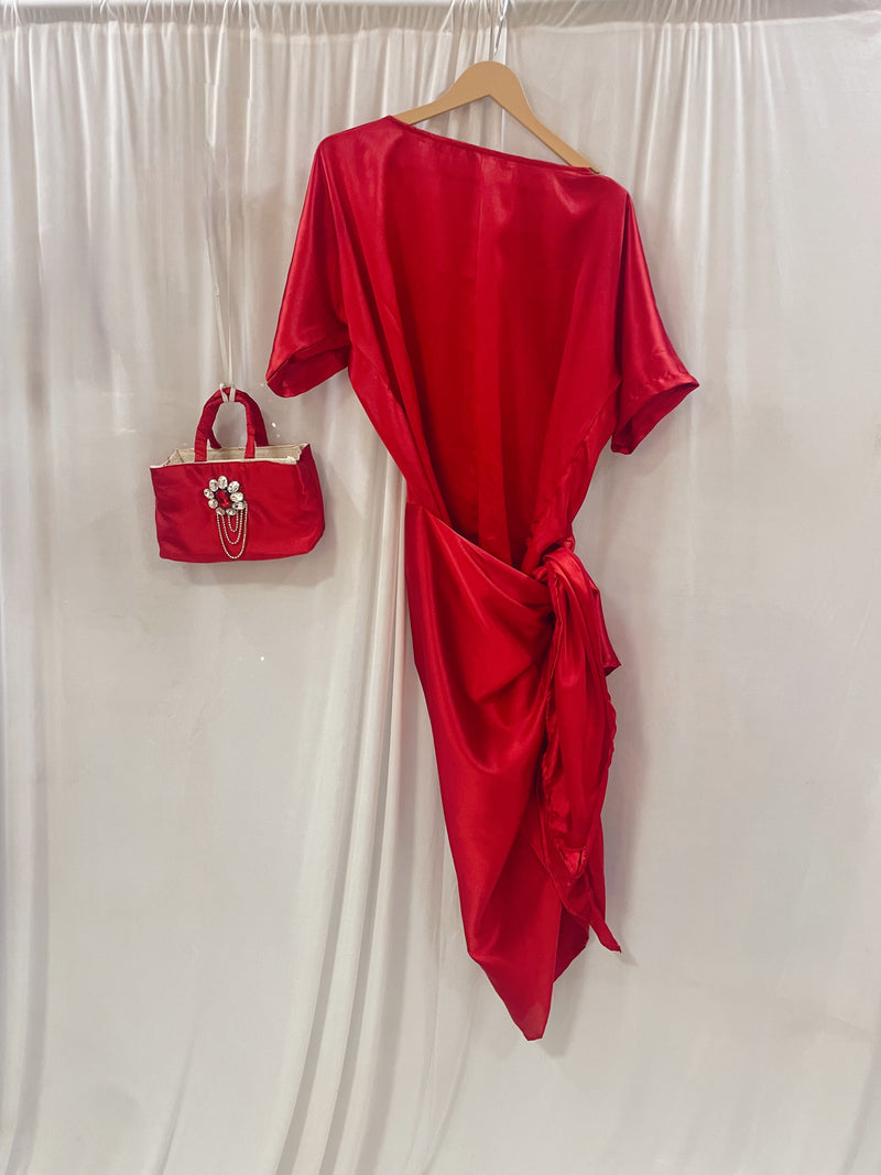 Self wrap red satin dress + bag