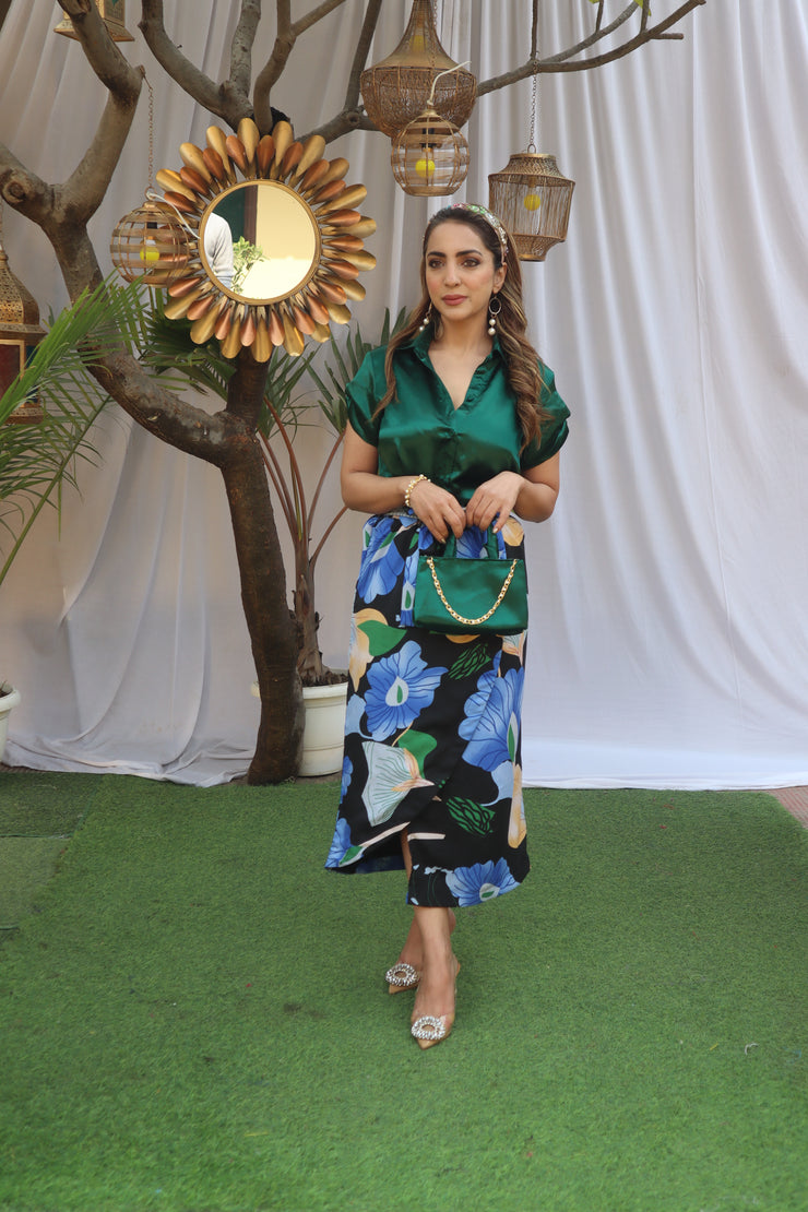 GREEN SATIN  SHIRT & PRINTED WRAP SKIRT