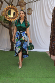 GREEN SATIN  SHIRT & PRINTED WRAP SKIRT