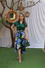 GREEN SATIN  SHIRT & PRINTED WRAP SKIRT