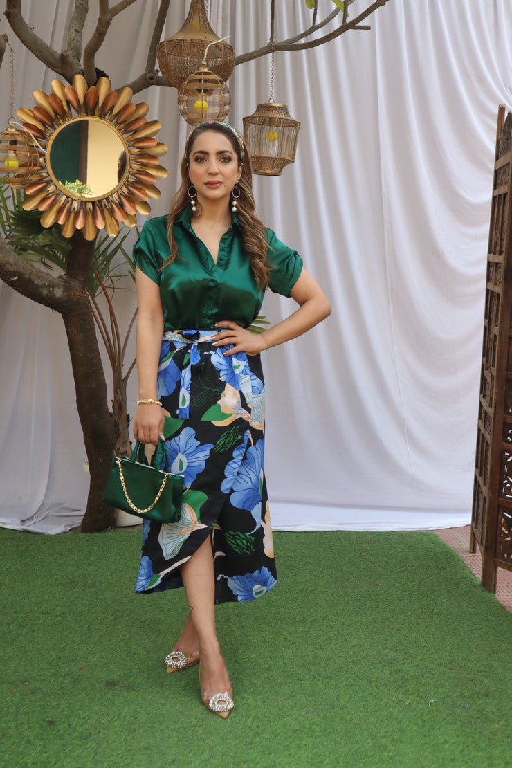 GREEN SATIN  SHIRT & PRINTED WRAP SKIRT