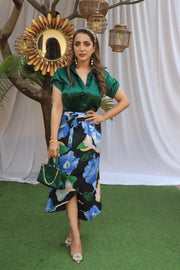 GREEN SATIN  SHIRT & PRINTED WRAP SKIRT