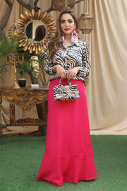 ANIMAL PRINT SATIN SHIRT & PINK SKIRT SET