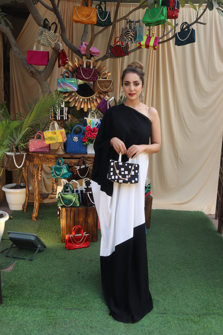 One Shoulder Black White Kaftan