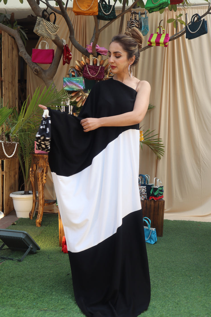 One Shoulder Black White Kaftan